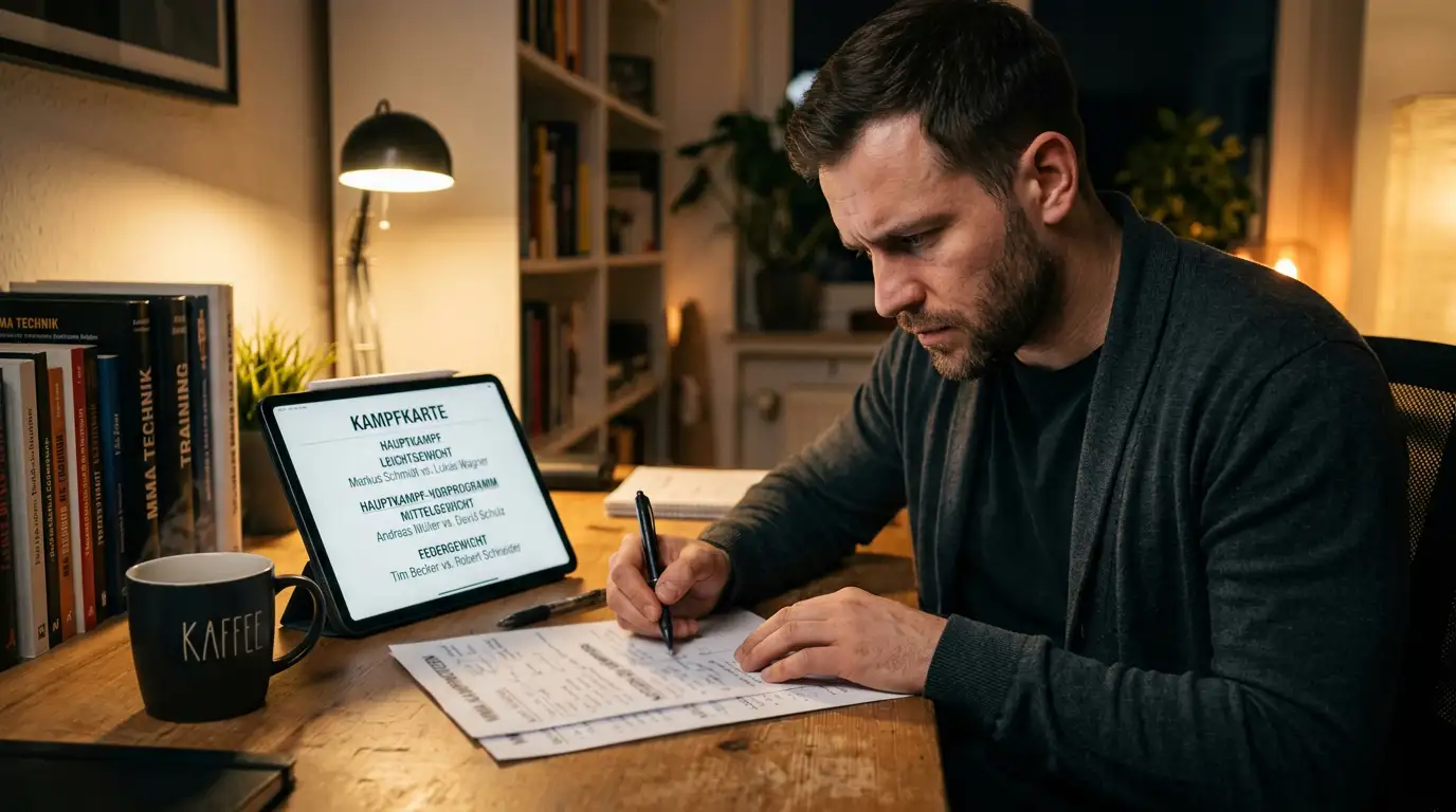 Wettender prüft konzentriert die Kämpfe einer Fight Card auf falsch bepreiste Props