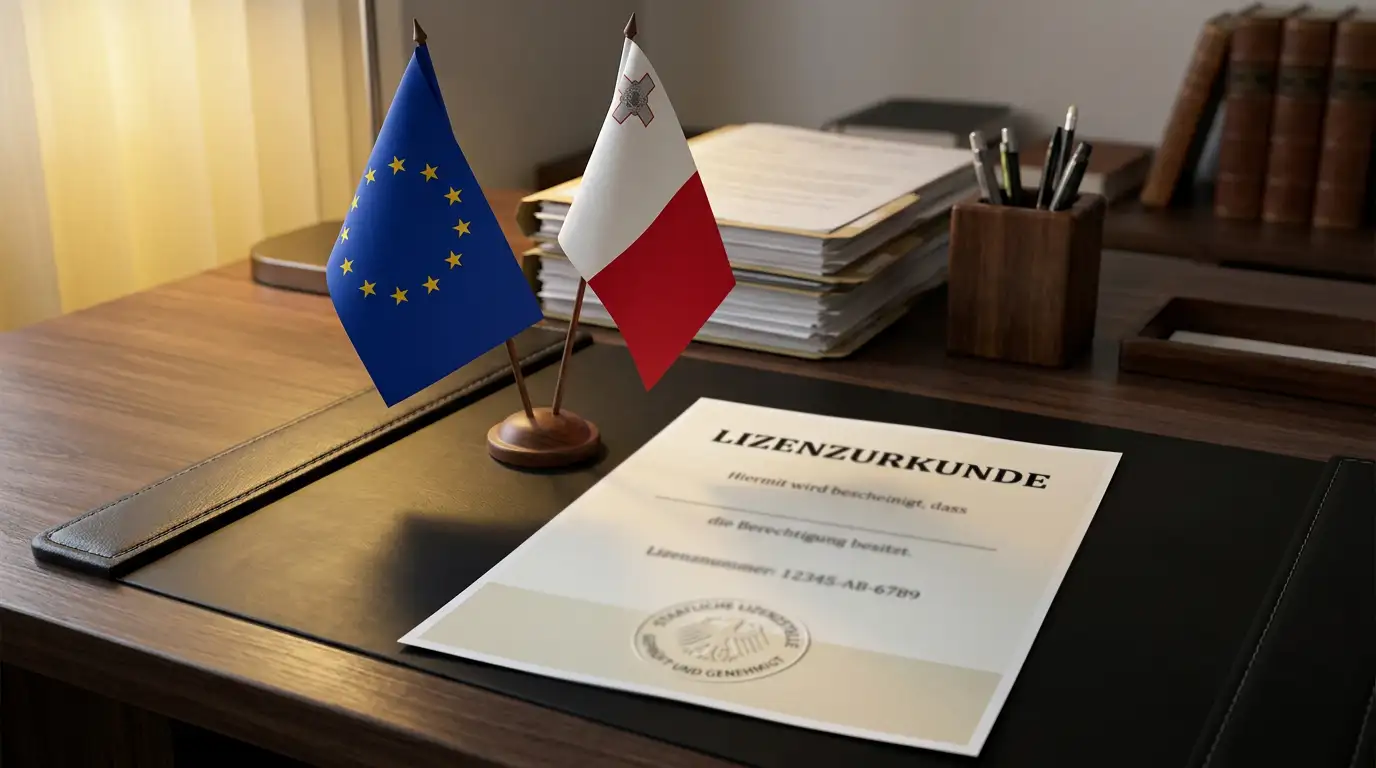 EU-Flagge mit Malta-Lizenzsiegel als Sinnbild für die Grauzone von MMA-Wetten ohne deutsche Lizenz