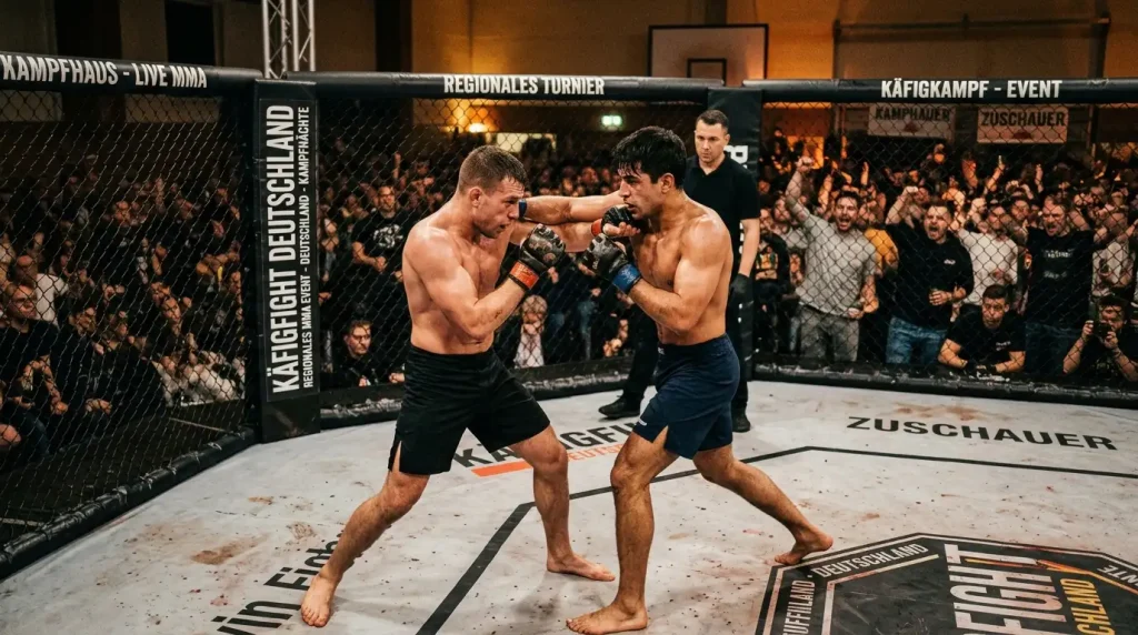 Kämpfer der German MMA Championship im Käfig bei einem regionalen Event in Deutschland