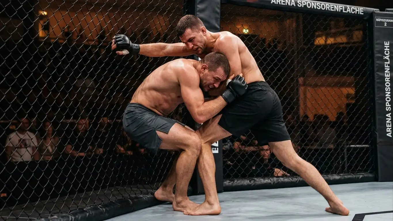 Grappler zwingt einen Schläger in den Clinch, das klassische Stilmatchup im MMA