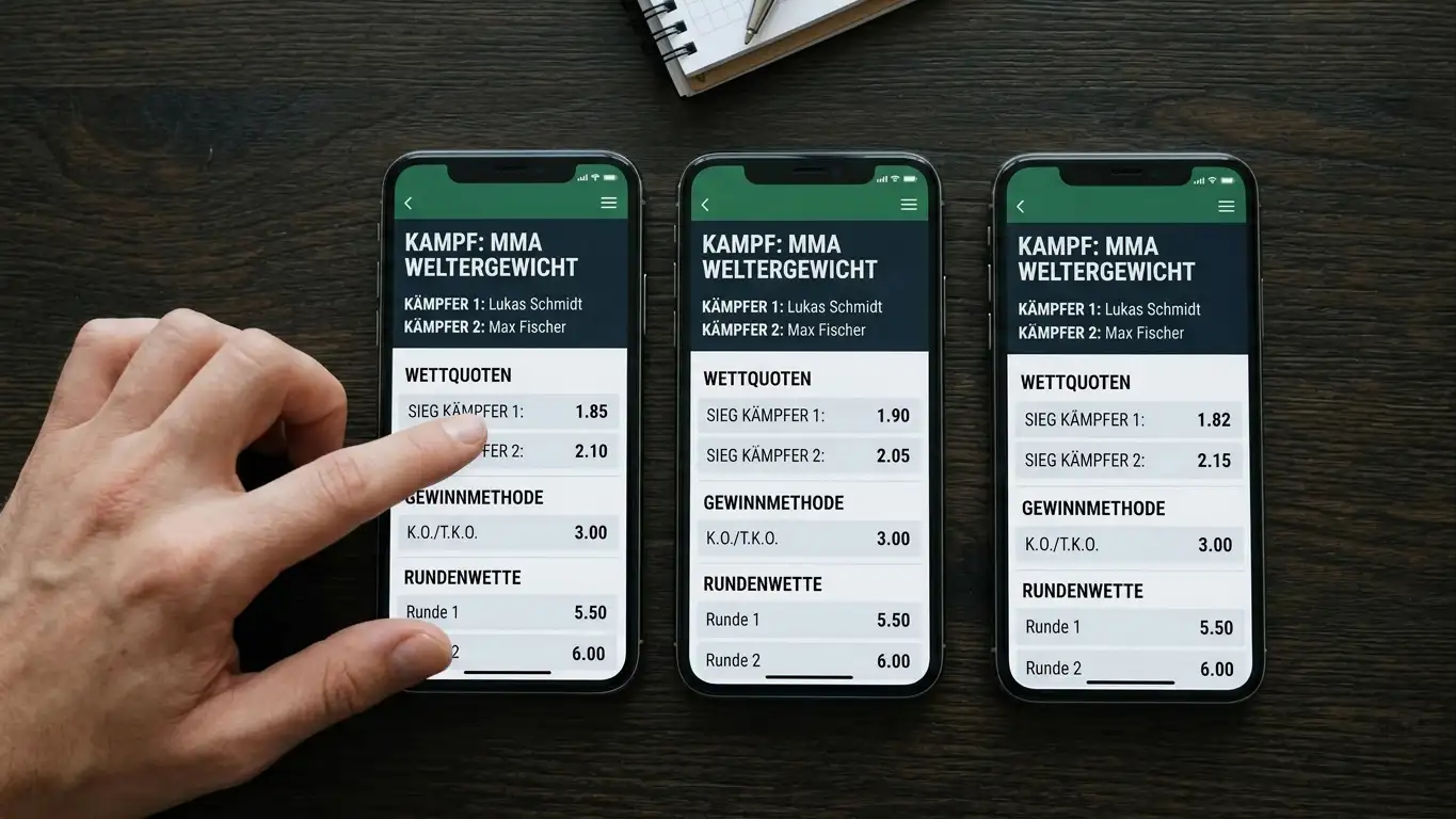Nebeneinander geöffnete Wettkonten als Sinnbild für Line Shopping bei mehreren MMA-Anbietern