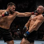 UFC-Kämpfer setzt zum entscheidenden Schlag an, der über die Siegmethode entscheidet