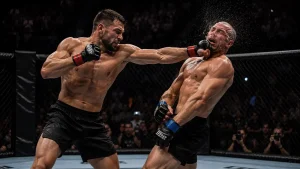 UFC-Kämpfer setzt zum entscheidenden Schlag an, der über die Siegmethode entscheidet