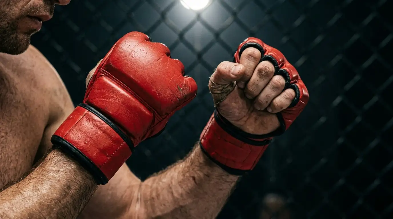 Nahaufnahme offener MMA-Handschuhe eines Kämpfers im Octagon