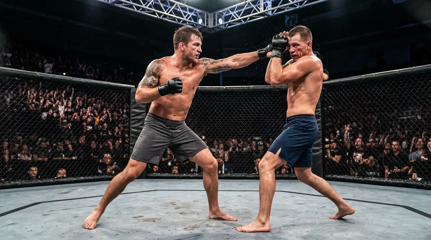 Zwei MMA-Kämpfer im achteckigen Octagon-Käfig während eines Schlagabtauschs