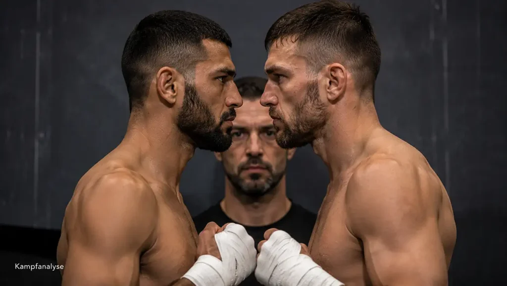 Zwei MMA-Athleten beim Face-off vor dem Kampf als Ausgangspunkt der Kampfanalyse