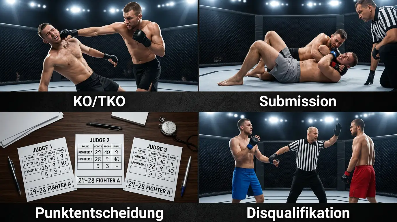 Die vier Kampfausgänge KO, Submission, Punktentscheidung und Disqualifikation im MMA