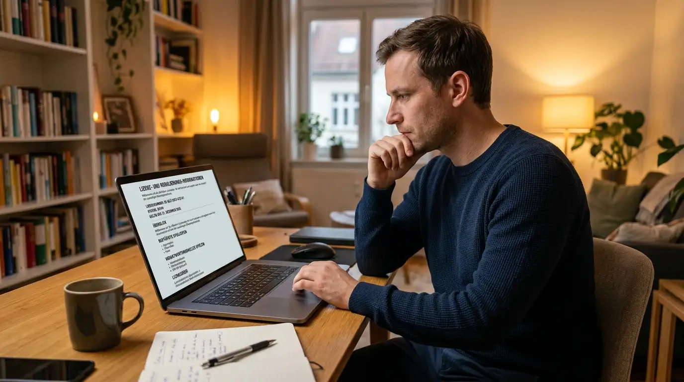 Wettender prüft die EU-Lizenz eines Anbieters für PFL-Wetten am Laptop