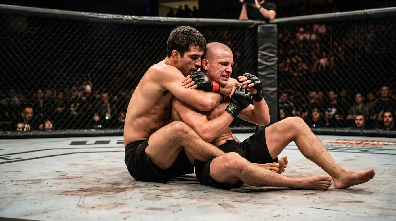 Kämpfer setzt einen Würgegriff an, technischer Weg zum Submission-Finish
