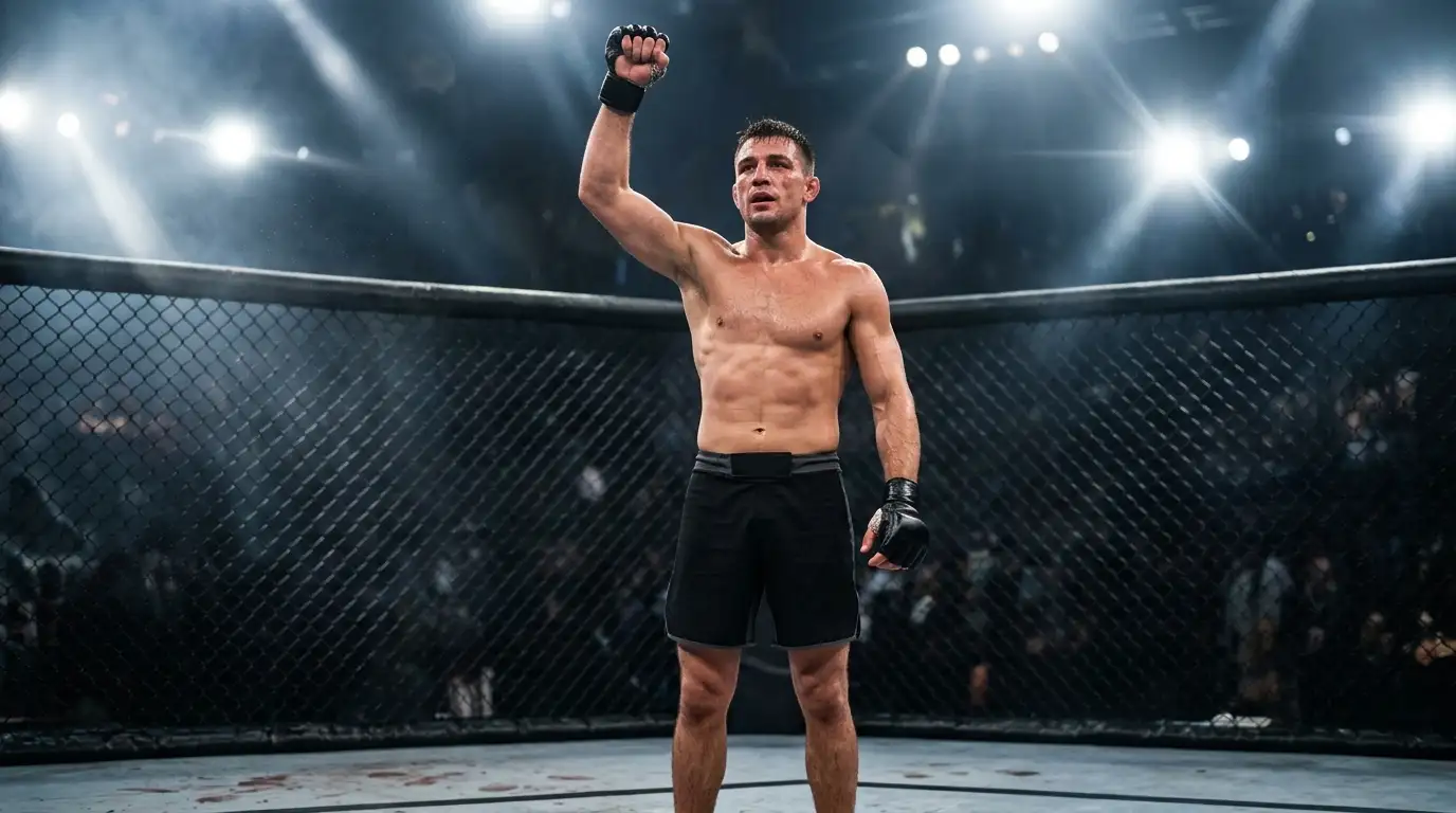 MMA-Kämpfer mit erhobenem Arm nach dem Sieg als Sinnbild für die Siegwette im UFC