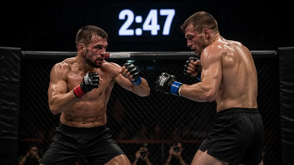 Octagon-Uhr und zwei Kämpfer, die über die Distanz gehen, als Symbol der Rundenwette