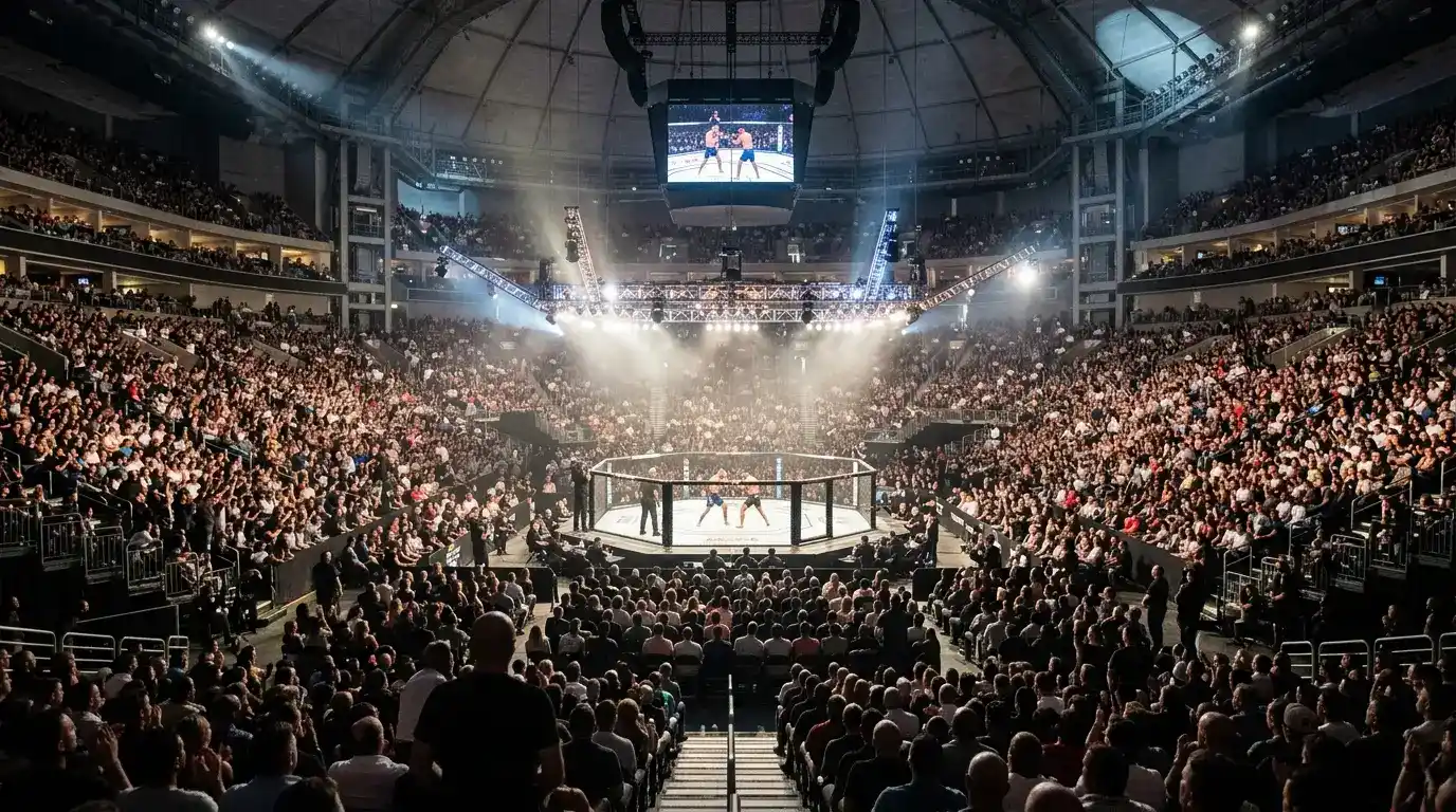 Volle Arena mit Publikum rund um einen beleuchteten MMA-Käfig bei einem Großevent