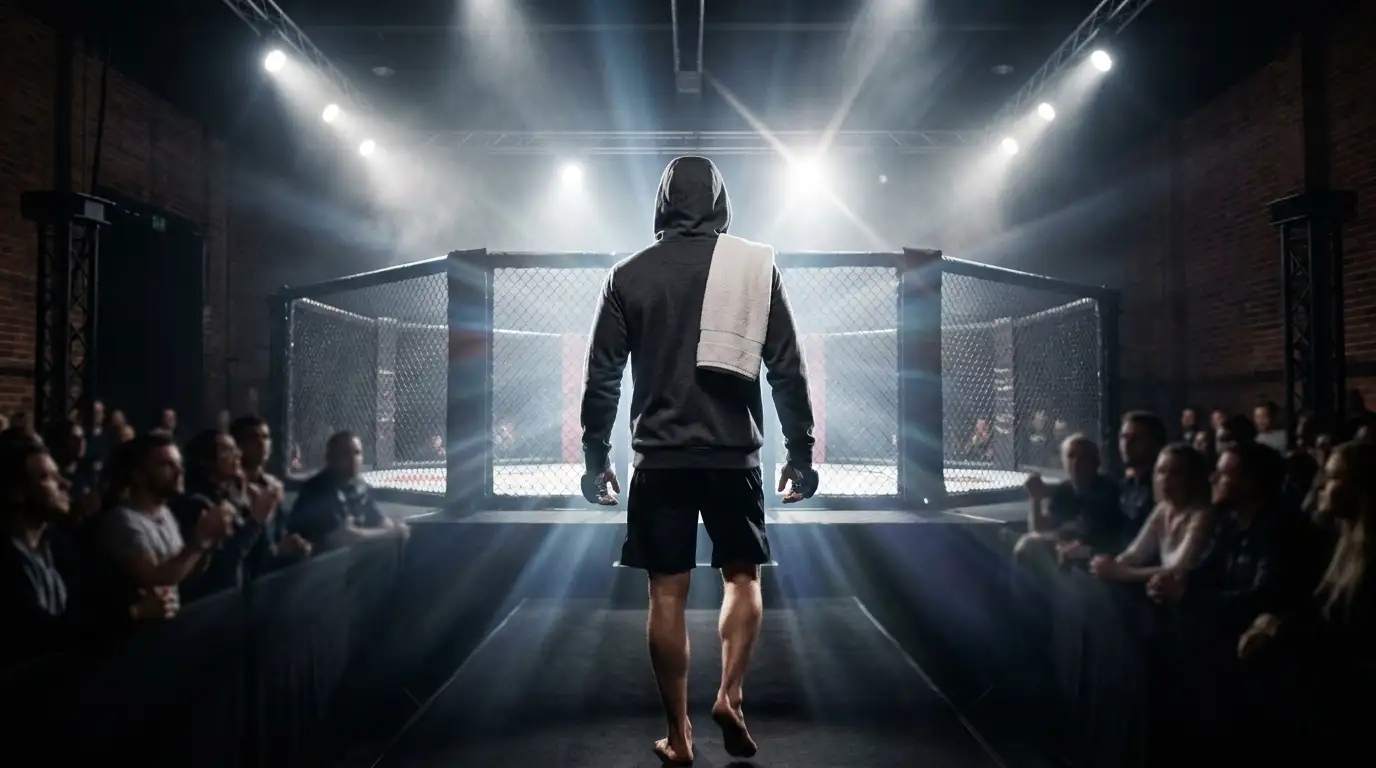 Kämpfer betritt unter Scheinwerfern den Octagon bei einem UFC-Kampfabend