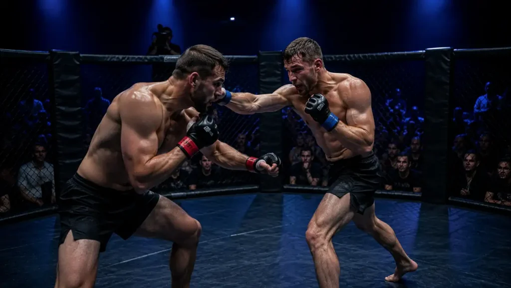 UFC-Kämpfer im Apex während eines Fight-Night-Hauptkampfs unter Scheinwerferlicht