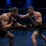 UFC-Kämpfer im Apex während eines Fight-Night-Hauptkampfs unter Scheinwerferlicht