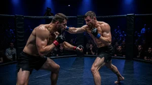 UFC-Kämpfer im Apex während eines Fight-Night-Hauptkampfs unter Scheinwerferlicht