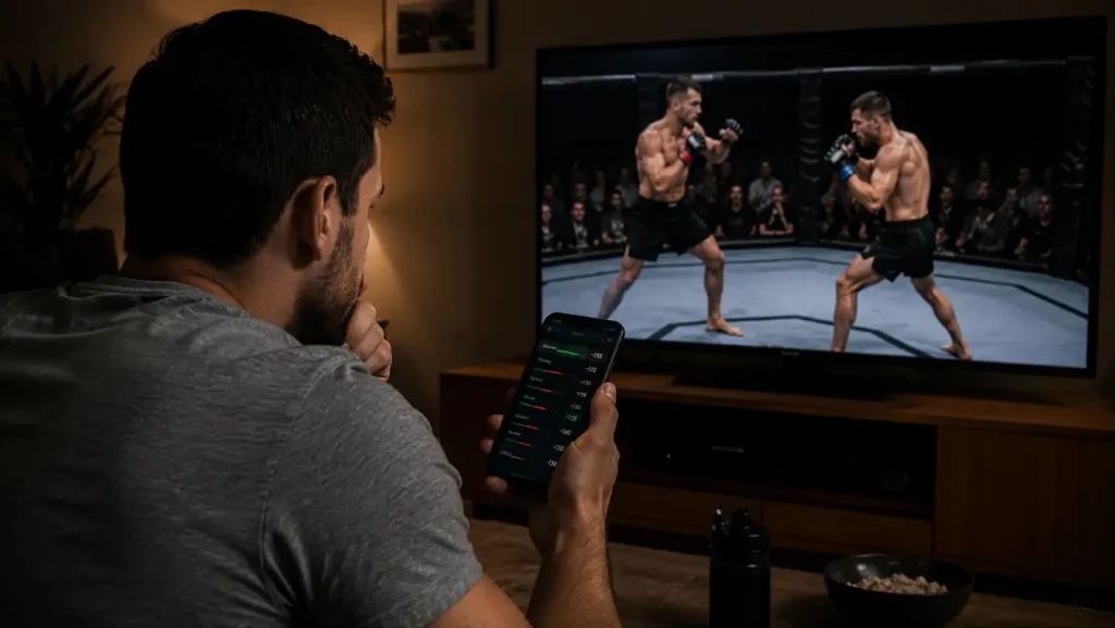 Live-Quoten auf einem Bildschirm während eines laufenden UFC-Kampfs im Octagon