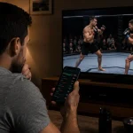 Live-Quoten auf einem Bildschirm während eines laufenden UFC-Kampfs im Octagon