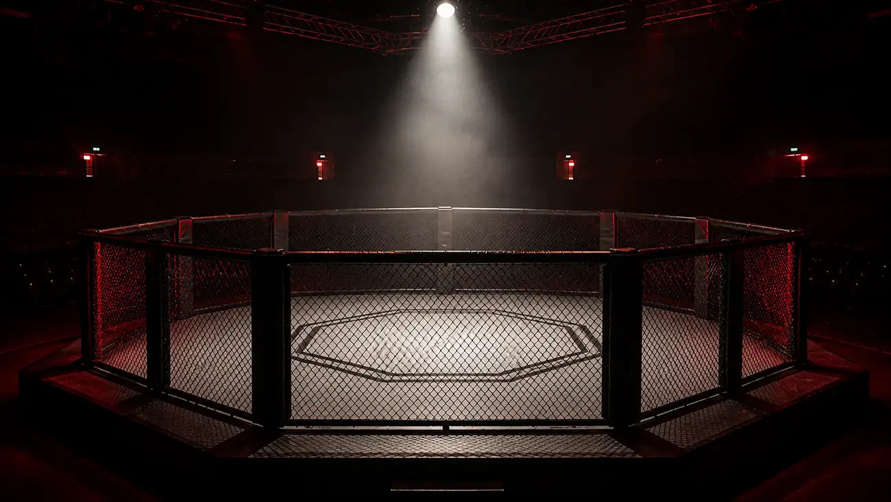 Beleuchteter UFC-Octagon im dunklen Hallenlicht als Sinnbild für UFC- und MMA-Wetten in Deutschland