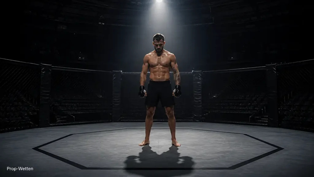 MMA-Kämpfer steht im hell beleuchteten Octagon vor einem Abend voller UFC-Prop-Wetten