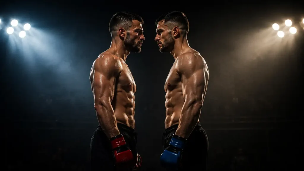 Zwei MMA-Kämpfer im Face-off unter Arenalicht als Sinnbild für UFC-Quoten im direkten Vergleich
