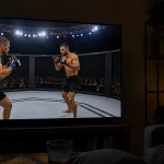 UFC-Kampf läuft auf einem Fernseher in einem abgedunkelten Wohnzimmer