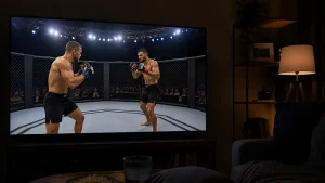 UFC-Kampf läuft auf einem Fernseher in einem abgedunkelten Wohnzimmer