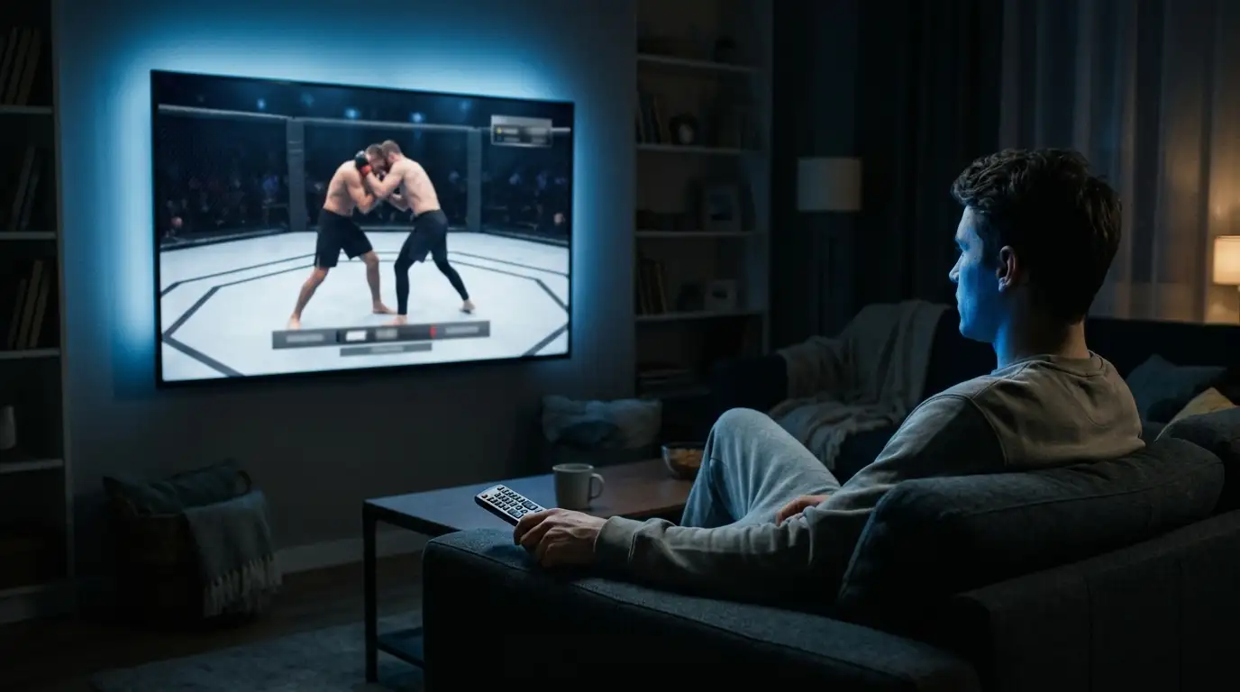 Person verfolgt nachts einen MMA-Kampf per Streaming auf dem Fernseher