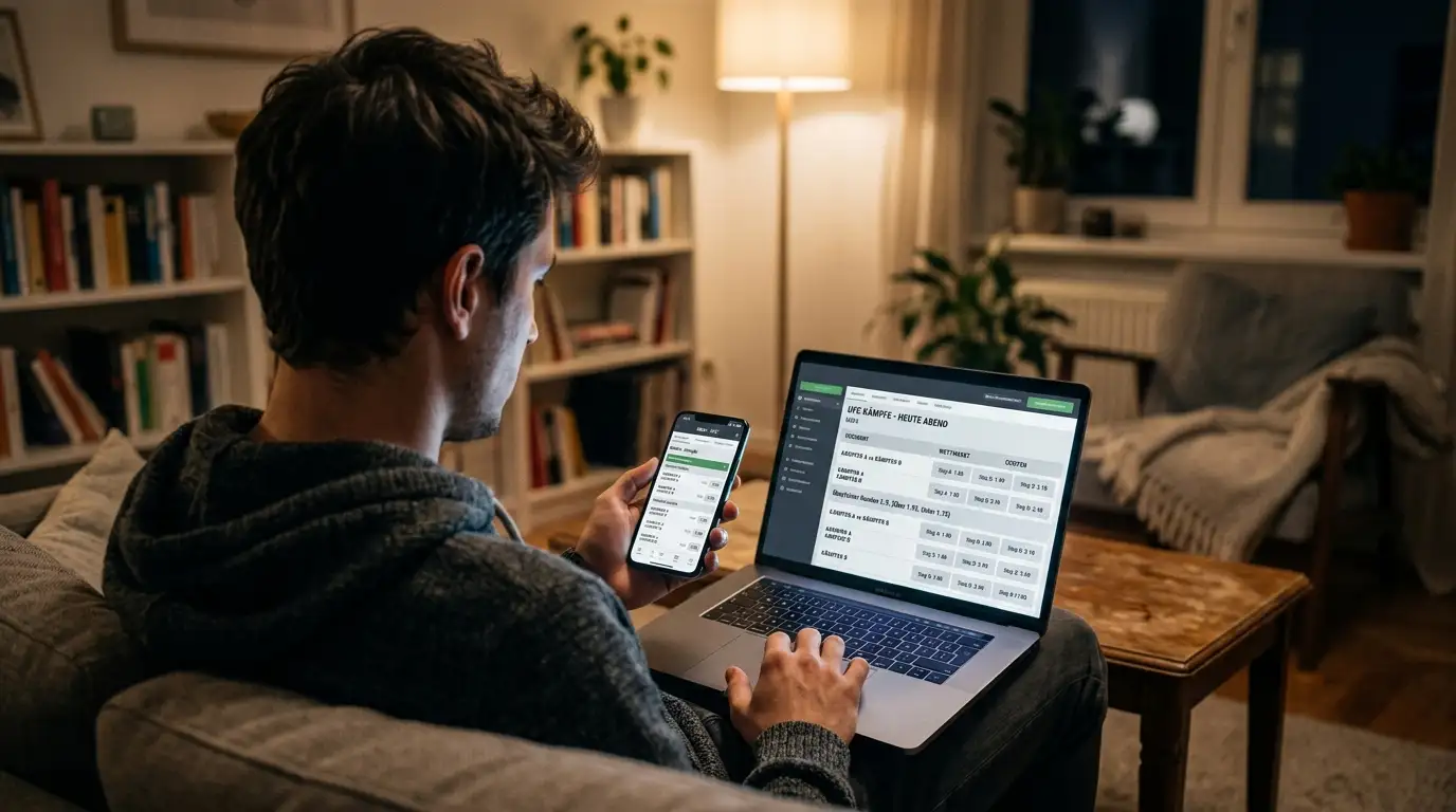 Person vergleicht am Laptop verschiedene Wettanbieter für UFC-Wetten