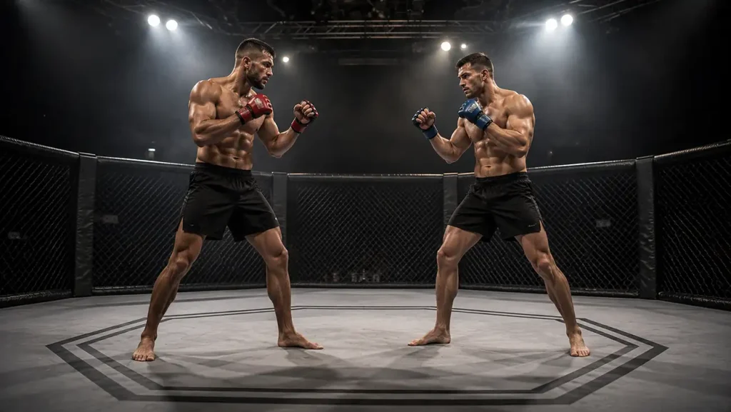 Zwei MMA-Kämpfer im hell ausgeleuchteten Octagon als Sinnbild für die verschiedenen UFC-Wettarten