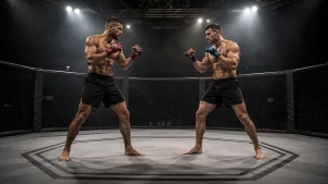 Zwei MMA-Kämpfer im hell ausgeleuchteten Octagon als Sinnbild für die verschiedenen UFC-Wettarten