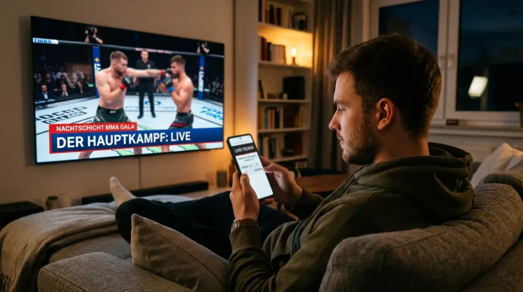 Person nutzt ihr Smartphone während eines UFC-Kampfabends auf dem Sofa