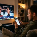 Person nutzt ihr Smartphone während eines UFC-Kampfabends auf dem Sofa