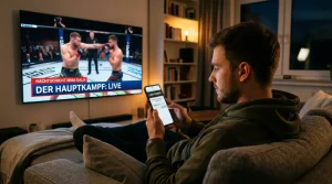 Person nutzt ihr Smartphone während eines UFC-Kampfabends auf dem Sofa