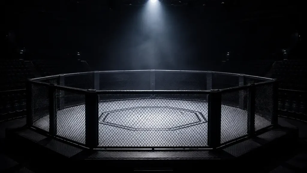 Leerer, dramatisch beleuchteter Octagon-Käfig in einer Arena als Sinnbild für die Rechtslage von UFC-Wetten in Deutschland
