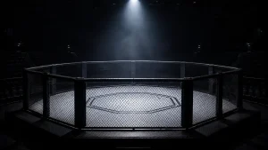 Leerer, dramatisch beleuchteter Octagon-Käfig in einer Arena als Sinnbild für die Rechtslage von UFC-Wetten in Deutschland