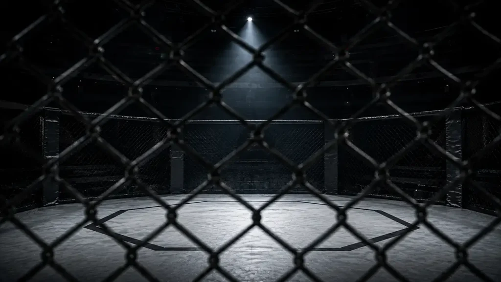 Blick durch den Maschendraht des Octagons als Sinnbild für UFC-Wetten ohne deutsche Lizenz