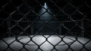 Blick durch den Maschendraht des Octagons als Sinnbild für UFC-Wetten ohne deutsche Lizenz