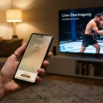 Hand hält ein Smartphone vor einem laufenden UFC-Kampf am Fernseher