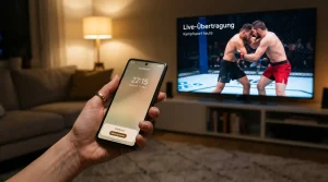 Hand hält ein Smartphone vor einem laufenden UFC-Kampf am Fernseher