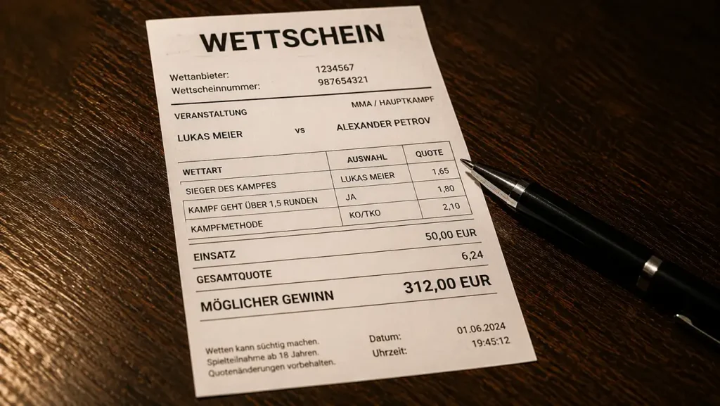 Wettschein und Stift auf einem Tisch als Sinnbild für die Wettsteuer bei UFC-Wetten