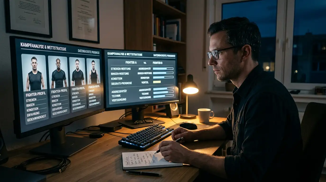Analyst wertet am Schreibtisch Kampfstatistiken von MMA-Kämpfern aus