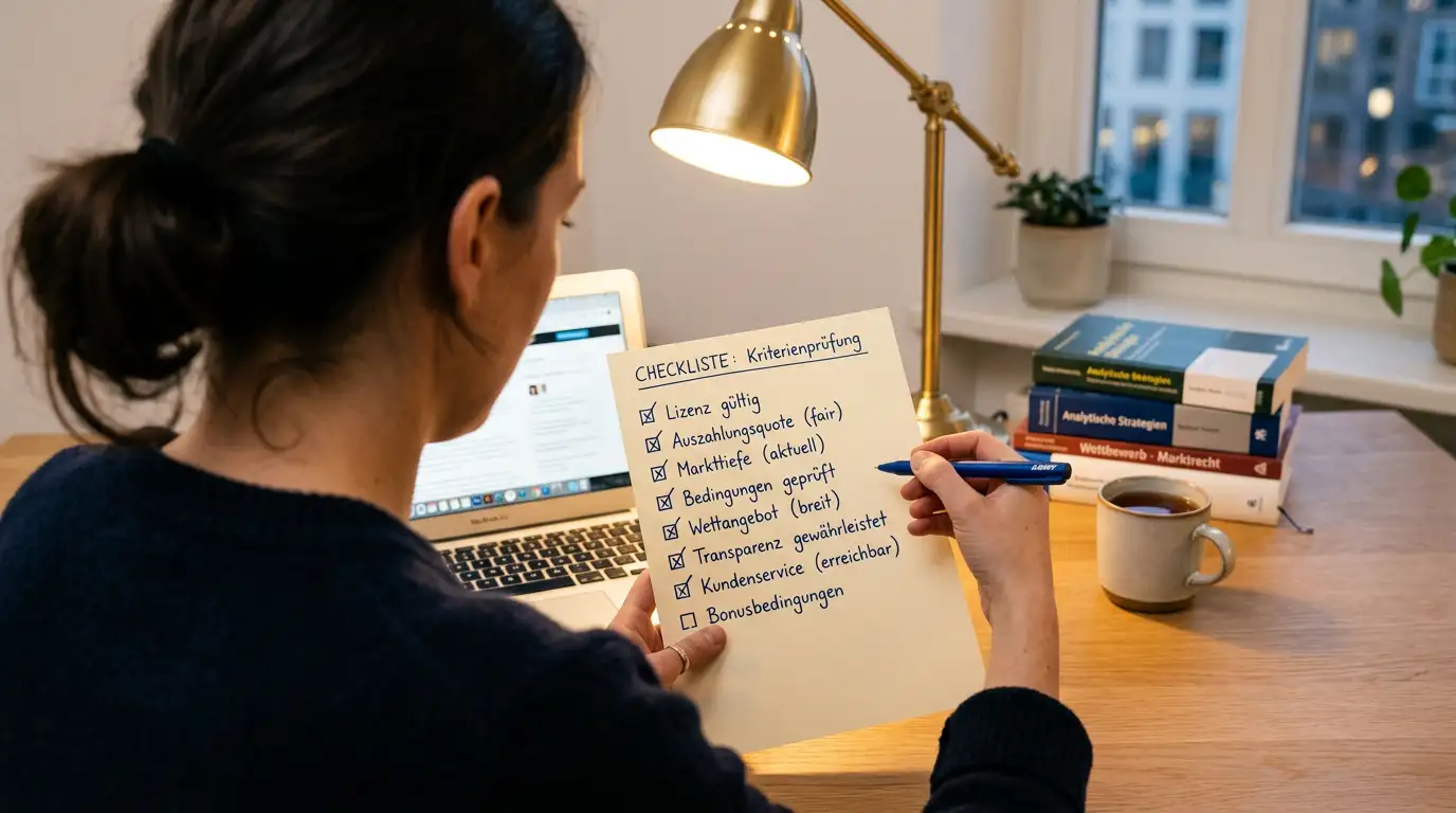 Person prüft die Auswahlkriterien eines MMA-Wettanbieters anhand einer handschriftlichen Notizliste