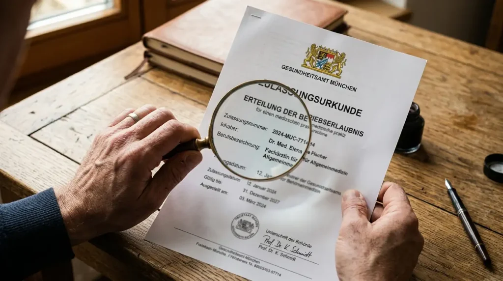 Anbieterunterlagen werden mit einer Lupe geprüft als Sinnbild für seriöse Wettanbieter