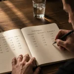 Wettquote wird mit Stift und Notizblock am Schreibtisch berechnet